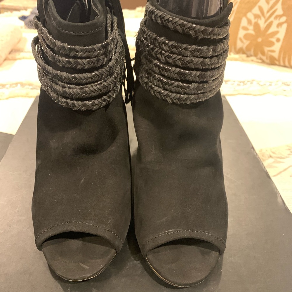 BCBG Black Suede Peep Boots